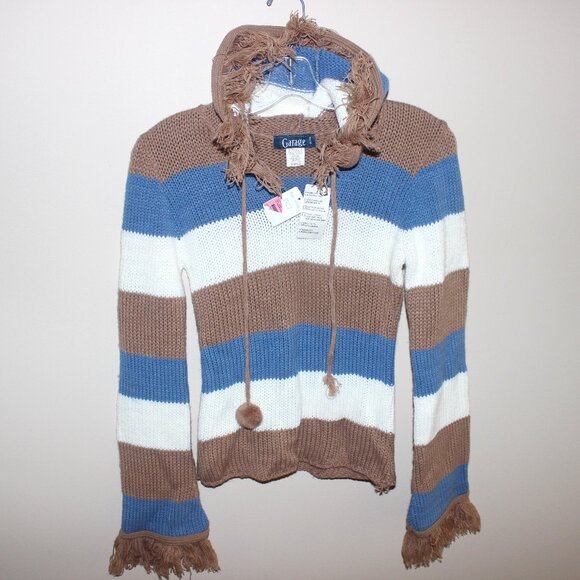 FREE*❤️damaged Garage ladies hooded sweater hoodie striped 100% acrylic USA made - Picture 1 of 8